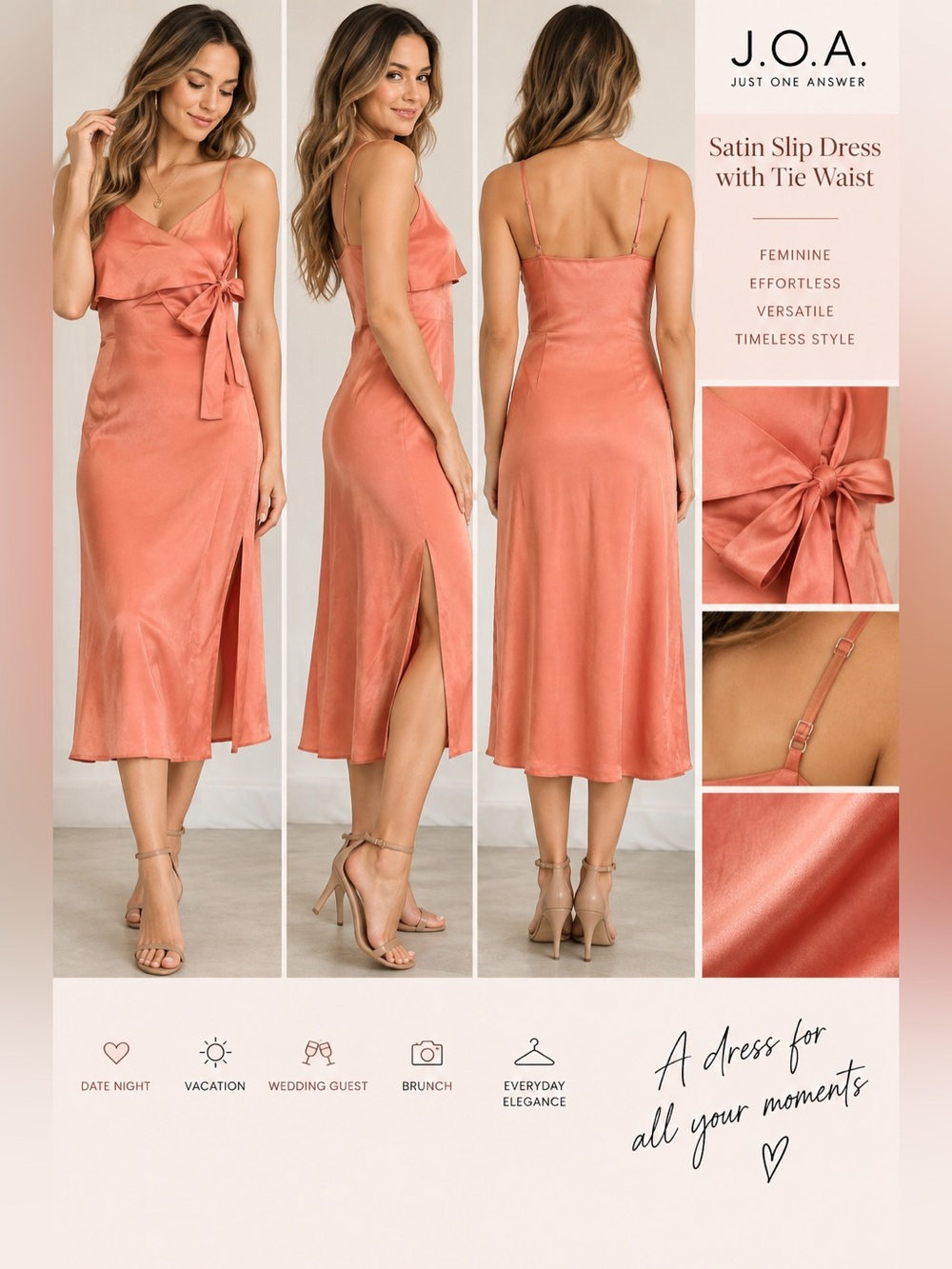 J.O.A. NWT Coral Peach Satin Slip Dress Tie Waist XS